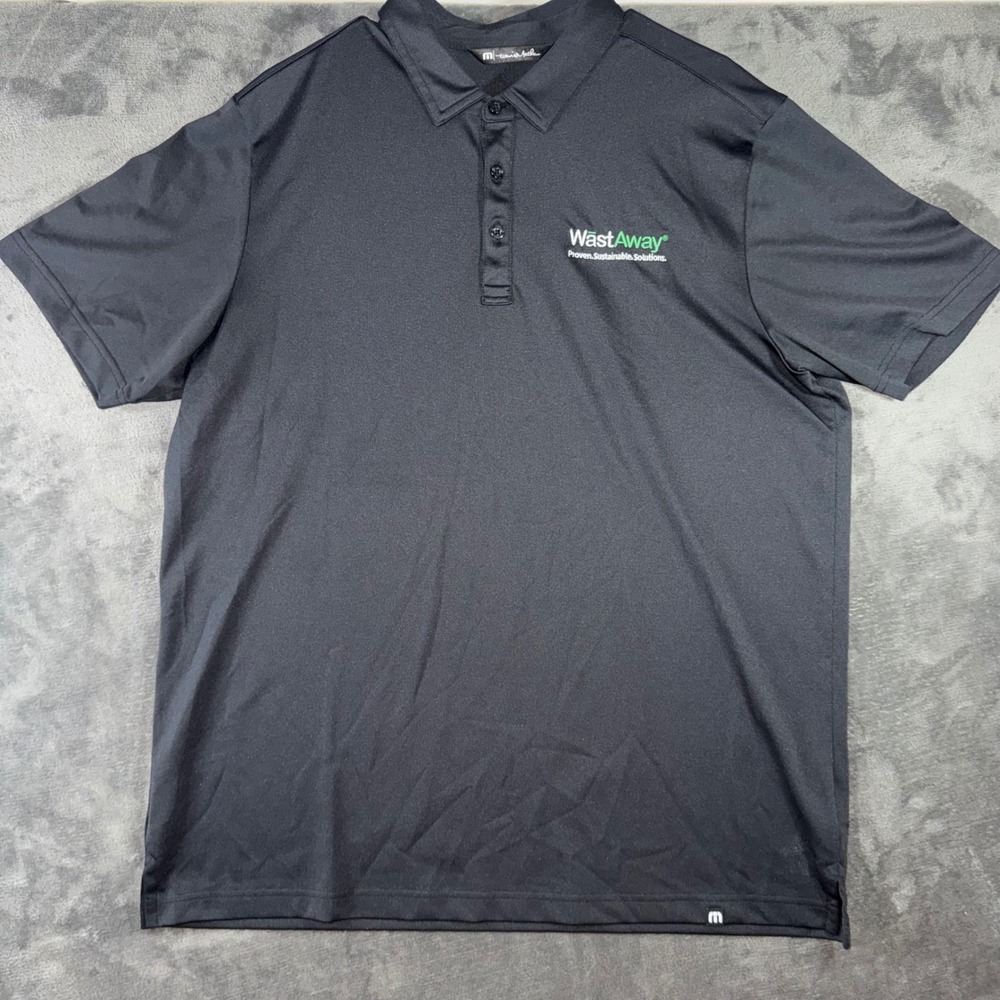 Mens XL Travis Mathew Polo Shirt Black Excellent WastAway Logo Performance Golf